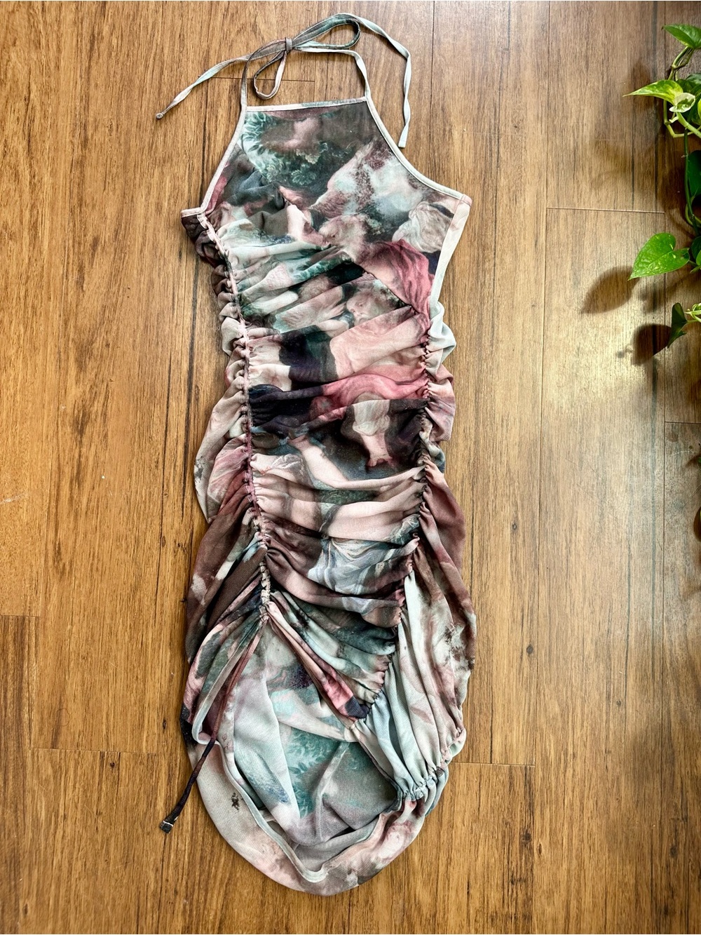 Balmain Short Pastel Art Print Sheer Tulle Mesh Halter Tie Dress FR 38 US 6 M